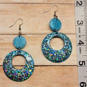 Aquamarine Resin Dangle Earrings With Holographic Glitter Fill